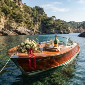 Private boat with floral setup in a hidden cove of the Portofino coast – vow renewal by boat in Portofino, Italy – Kiss Me Italy