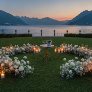 Proposal setup with florals in the panoramic garden corner of a private Lake Como estate at dusk – Lake Como overnight proposal – Kiss Me Italy