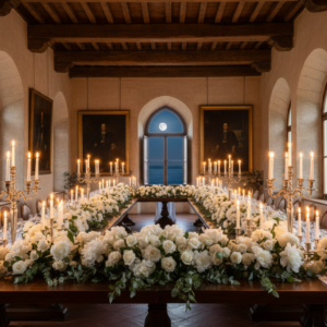 Candlelit wedding banquet in the historic halls of Castello Canevaro – Italian Riviera castle wedding reception – Kiss Me Italy