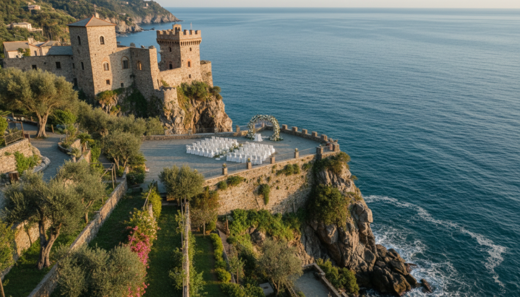 Luxury wedding planner Italy Castello Canevaro rising over the sea at Zoagli with wedding ceremony terrace – castle wedding in Italy – Kiss Me Italy