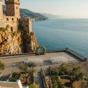 Castello Canevaro rising over the sea at Zoagli with wedding ceremony terrace – castle wedding in Italy – Kiss Me Italy