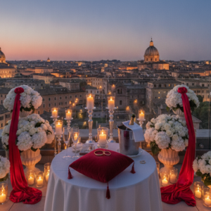 Anniversary vow renewal with rings and candles on a private rooftop over Rome – renewing vows in Rome – Kiss Me Italy