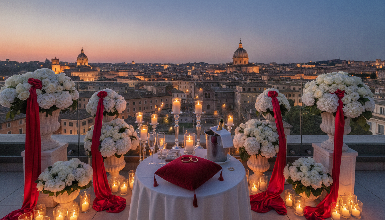 Anniversary vow renewal with rings and candles on a private rooftop over Rome – renewing vows in Rome – Kiss Me Italy