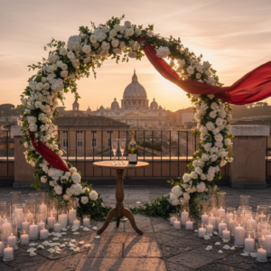 Elopement ceremony with red ribbon and candles on a private rooftop over Rome – Rome rooftop elopement – Kiss Me Italy