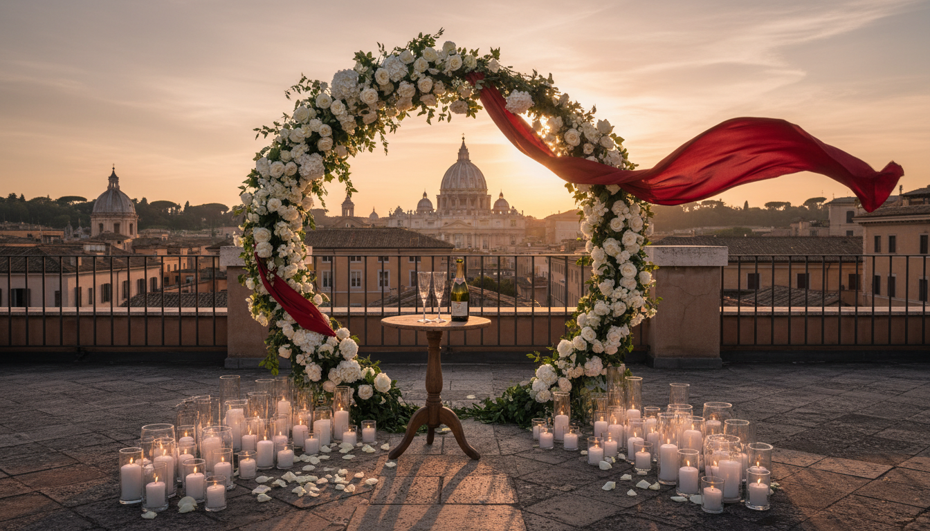 Elopement ceremony with red ribbon and candles on a private rooftop over Rome – Rome rooftop elopement – Kiss Me Italy