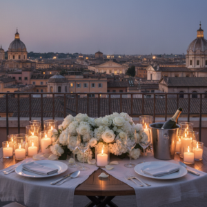 Candlelit proposal dinner on a private rooftop over the domes of Rome at dusk – Rome rooftop proposal – Kiss Me Italy