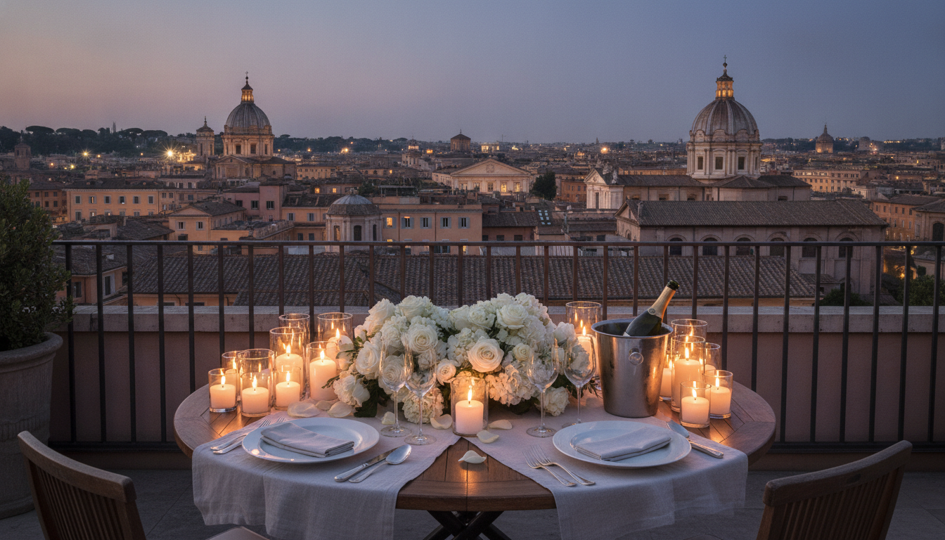 Candlelit proposal dinner on a private rooftop over the domes of Rome at dusk – Rome rooftop proposal – Kiss Me Italy