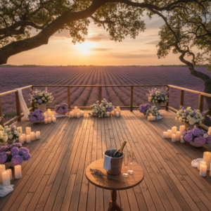 Proposal setup with candles on the private terrace of the La Piantata treehouse above lavender fields – treehouse proposal Italy – Kiss Me Italy
