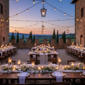 Candlelit wedding dinner in the courtyard of a Chianti castle among vineyards – multi-day Tuscany castle wedding – Kiss Me Italy