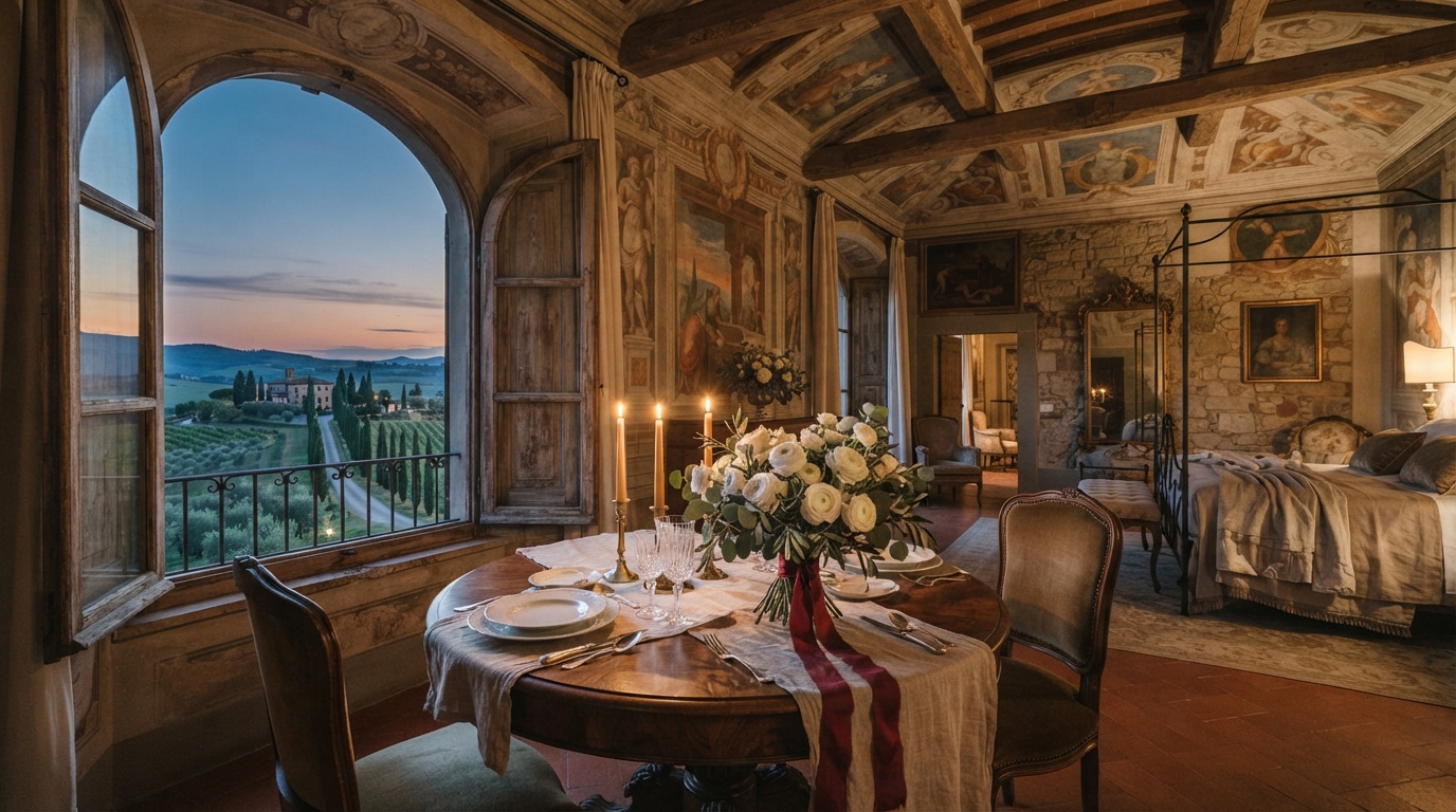 Frescoed suite in a historic Tuscan villa with florals and candlelit dinner – vow renewal villa in Tuscany, Italy – Kiss Me Italy