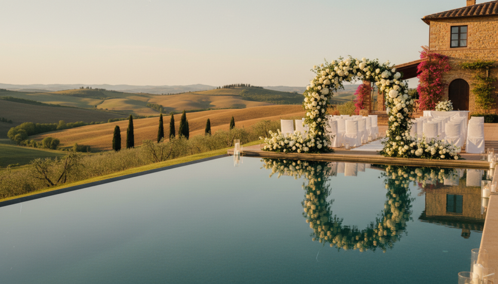 Infinity pool and ceremony setup overlooking the golden hills and cypresses of the Val d'Orcia – Val d'Orcia wedding at La Lupaia – Kiss Me Italy