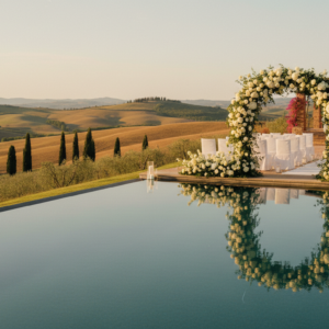 Infinity pool and ceremony setup overlooking the golden hills and cypresses of the Val d'Orcia – Val d'Orcia wedding at La Lupaia – Kiss Me Italy