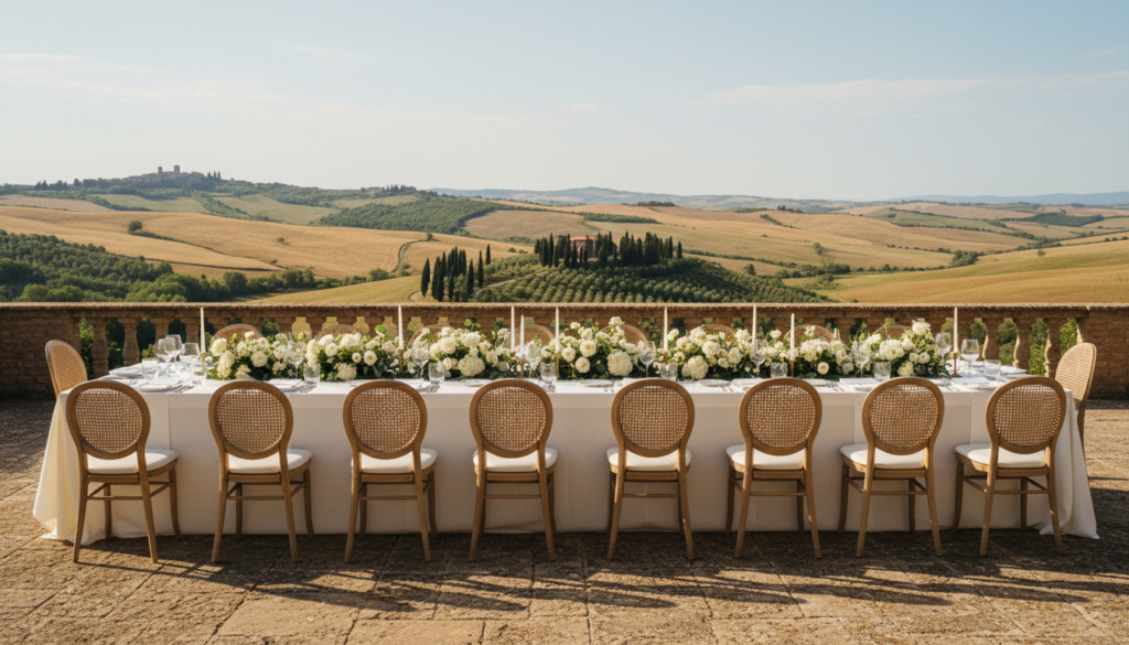 Intimate wedding lunch on a Val d'Orcia terrace with cypress hills beyond – exclusive Tuscany resort wedding – Kiss Me Italy