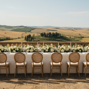 Intimate wedding lunch on a Val d'Orcia terrace with cypress hills beyond – exclusive Tuscany resort wedding – Kiss Me Italy