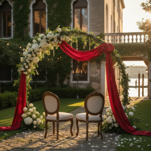 Elopement ceremony with red ribbon and florals in a private noble garden of a Grand Canal palazzo in Venice – Venice garden elopement – Kiss Me Italy