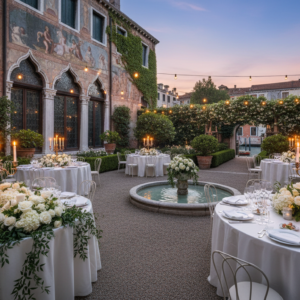 Luxury wedding aperitivo in a rare private garden of a Grand Canal palace in Venice at dusk – Venice luxury wedding – Kiss Me Italy