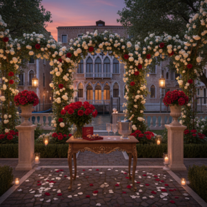 Marriage proposal setup with florals and lighting in a private noble garden of a Grand Canal palazzo in Venice – Venice palace proposal – Kiss Me Italy