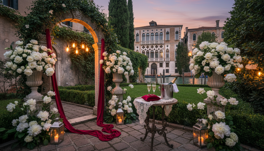 Luxury wedding planner Italy Anniversary vow renewal setup with rings and florals in a private noble garden of a Grand Canal palazzo in Venice – Venice palace vow renewal – Kiss Me Italy