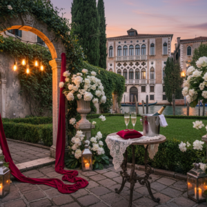 Luxury wedding planner Italy Anniversary vow renewal setup with rings and florals in a private noble garden of a Grand Canal palazzo in Venice – Venice palace vow renewal – Kiss Me Italy