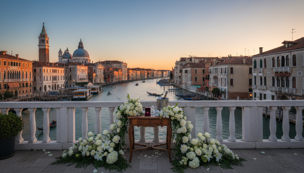 Proposal setup with florals on a private rooftop above the Grand Canal in Venice – Venice rooftop proposal – Kiss Me Italy