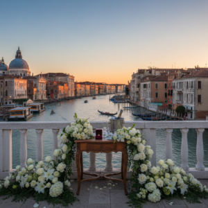 Proposal setup with florals on a private rooftop above the Grand Canal in Venice – Venice rooftop proposal – Kiss Me Italy