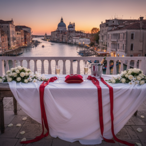 Anniversary vow renewal setup with rings and florals on a rooftop above the Grand Canal – Venice vow renewal – Kiss Me Italy