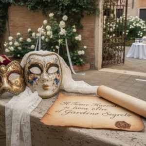 Venetian masks and treasure hunt clue leading to a secret garden ceremony – vow renewal treasure hunt in Venice, Italy – Kiss Me Italy