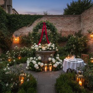 Historic Venetian secret garden with ancient well, florals and dinner table – vow renewal in Venice, Italy – Kiss Me Italy
