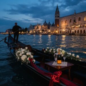 Private gondola arriving in the iconic square at dusk with serenade atmosphere – luxury vow renewal in Venice, Italy – Kiss Me Italy