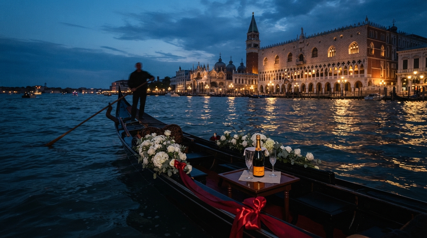 Private gondola arriving in the iconic square at dusk with serenade atmosphere – luxury vow renewal in Venice, Italy – Kiss Me Italy