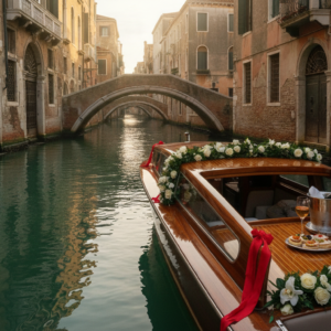 Private boat with florals gliding through hidden Venetian canals – vow renewal canal cruise in Venice, Italy – Kiss Me Italy