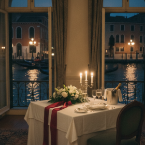 Canal-view apartment at night with chef dinner and floral styling – overnight vow renewal in Venice, Italy – Kiss Me Italy