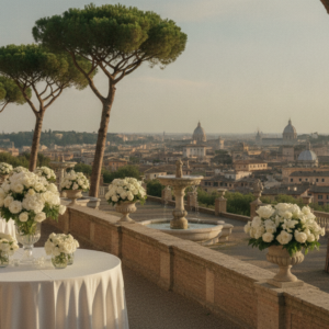 Wedding aperitivo in the terraced gardens of Villa Aurelia with Rome below – Villa Aurelia wedding – Kiss Me Italy