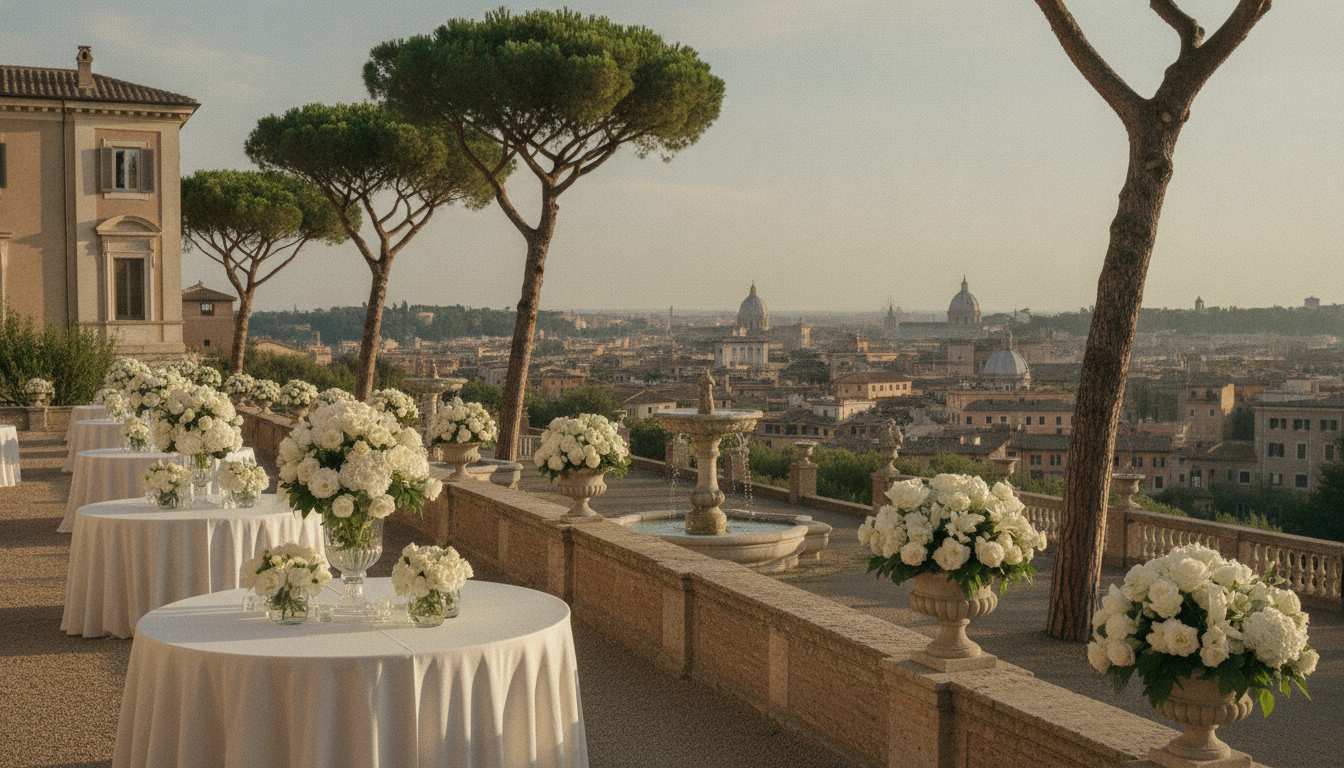 Wedding aperitivo in the terraced gardens of Villa Aurelia with Rome below – Villa Aurelia wedding – Kiss Me Italy