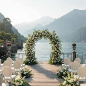 Wedding ceremony setup on the private pier of Villa Aurora over Lake Como – Villa Aurora Lake Como wedding – Kiss Me Italy