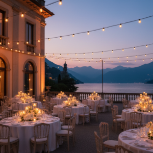 Wedding reception on the panoramic terrace of Villa Aurora at dusk – grand villa Lake Como wedding – Kiss Me Italy