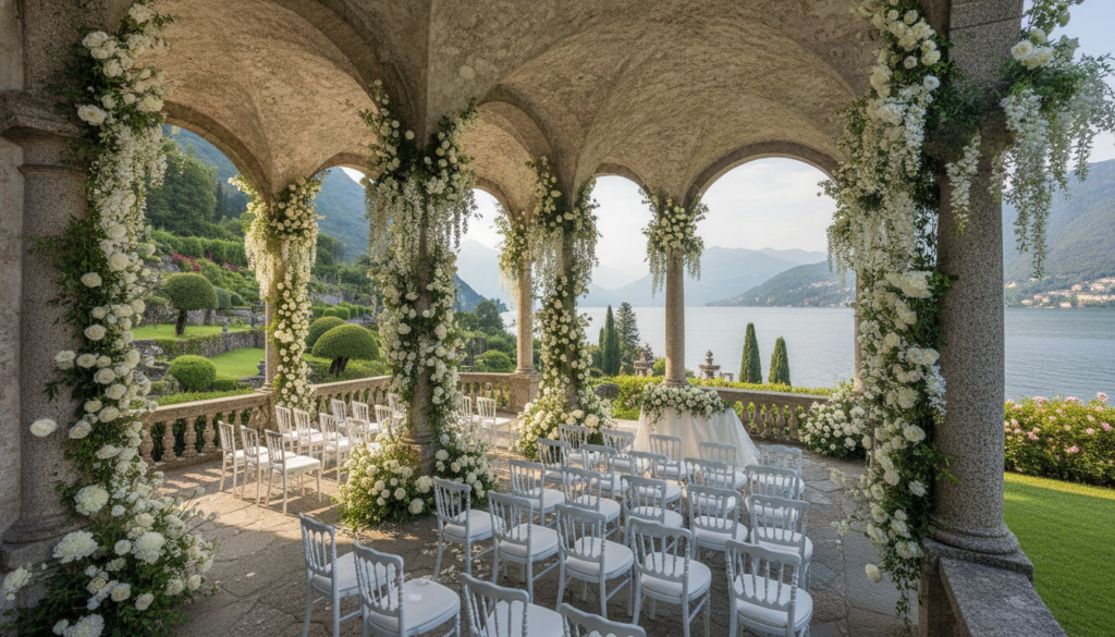 Wedding ceremony setup in the loggia of Villa del Balbianello overlooking Lake Como – Villa Balbianello wedding – Kiss Me Italy