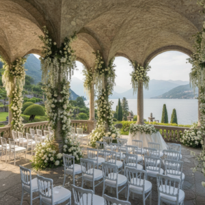 Wedding ceremony setup in the loggia of Villa del Balbianello overlooking Lake Como – Villa Balbianello wedding – Kiss Me Italy