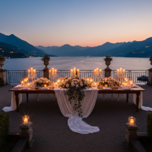 Candlelit wedding reception on the terraces of Villa del Balbianello at dusk – Lake Como iconic villa wedding – Kiss Me Italy
