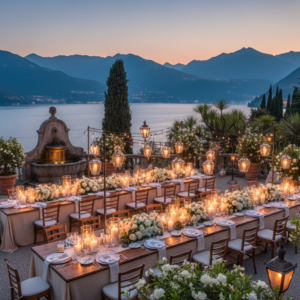 Candlelit wedding dinner on the fountain terrace of Villa Cipressi at dusk – Varenna Lake Como wedding – Kiss Me Italy
