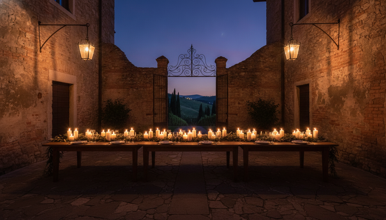 Pre-wedding dinner in the candlelit courtyard of Villa Cordevigo estate – two-day Lake Garda wedding – Kiss Me Italy