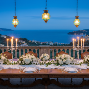 Aristocratic wedding banquet on the sea-view terrace of Villa Durazzo at dusk – Villa Durazzo wedding reception – Kiss Me Italy