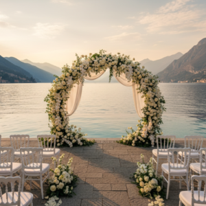 Wedding ceremony setup by the infinity pool of Villa Lario over Lake Como – Villa Lario wedding – Kiss Me Italy