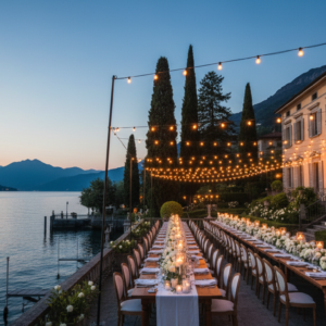 Lakefront wedding dinner in the gardens of Villa Lario with suites glowing behind – exclusive Lake Como resort wedding – Kiss Me Italy