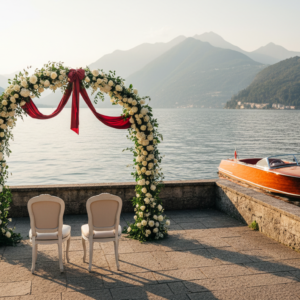 Elopement ceremony with red ribbon and florals on the lakeside terrace of Villa Noseda – Villa Noseda elopement – Kiss Me Italy