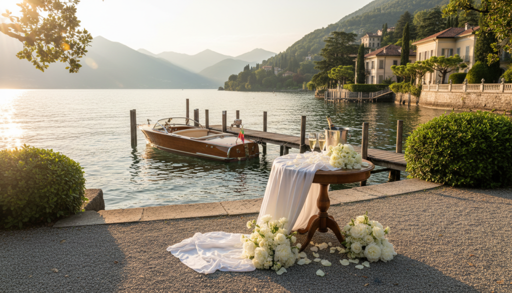 Luxury wedding planner Italy Marriage proposal setup with florals and champagne in the private garden of Villa Noseda on Lake Como – Villa Noseda proposal – Kiss Me Italy