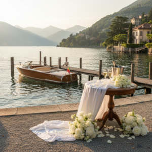 Luxury wedding planner Italy Marriage proposal setup with florals and champagne in the private garden of Villa Noseda on Lake Como – Villa Noseda proposal – Kiss Me Italy