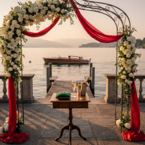 Anniversary vow renewal setup with rings and florals on the lakeside terrace of Villa Noseda – Villa Noseda vow renewal – Kiss Me Italy
