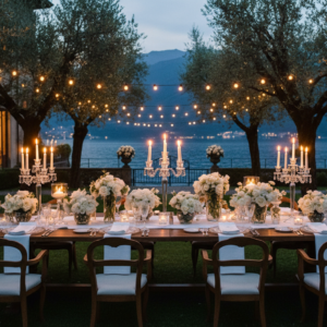 Intimate wedding dinner in the lakeside garden of Villa Noseda at dusk – private villa Lake Como wedding – Kiss Me Italy