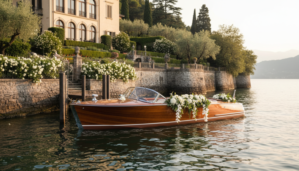 Wedding in Italy with Accommodation Vintage Riva boat at the private dock of Villa Noseda for an intimate Lake Como wedding – Villa Noseda wedding – Kiss Me Italy